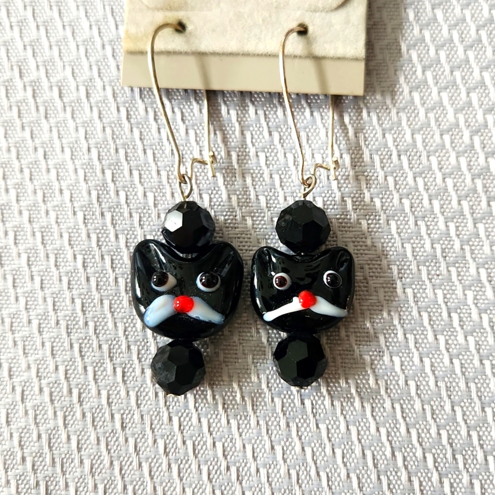 Cat earrings black glass lampwork 2" french wires